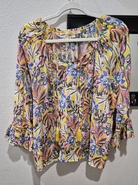 Hope & Harlow Yellow Floral Boho Blouse Tassel Tie Top Size L EUC